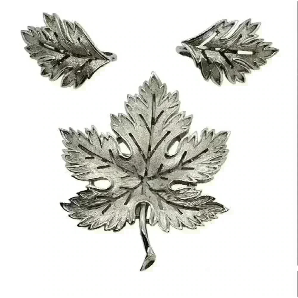 Alfred Philippe Crown Trifari Leaf Brooch Earrings Orig Set Silver Rare Vintage